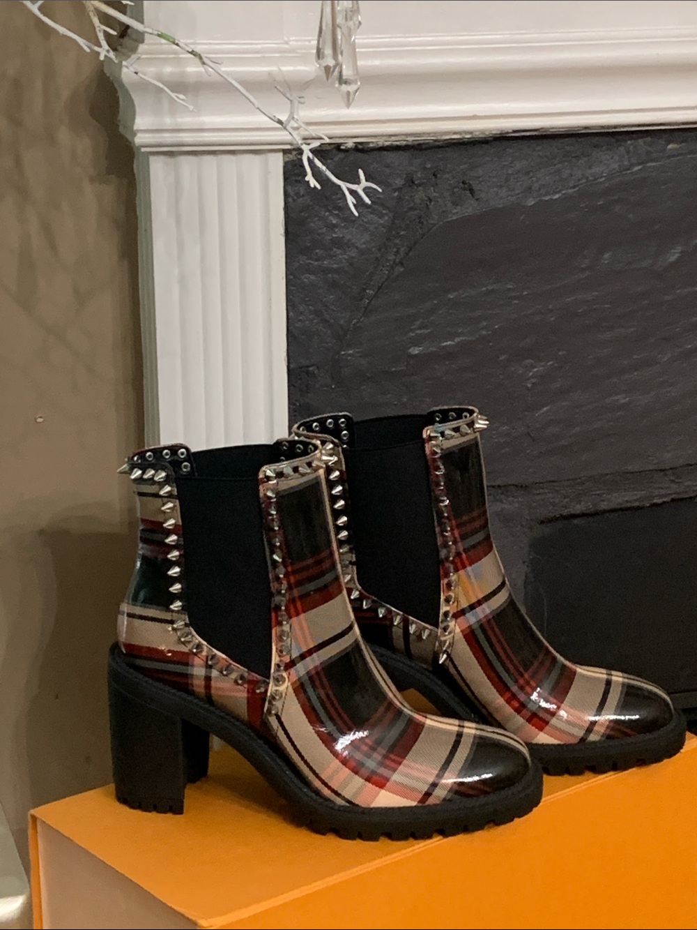 Jessica Simpson Red Black Plaid Studded Chelsea Block-Heel Ankle Boots